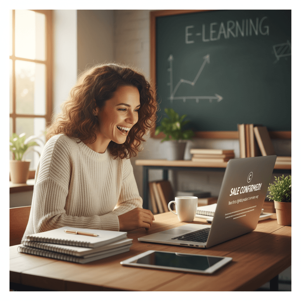 Teacher celebrating first digital sale success