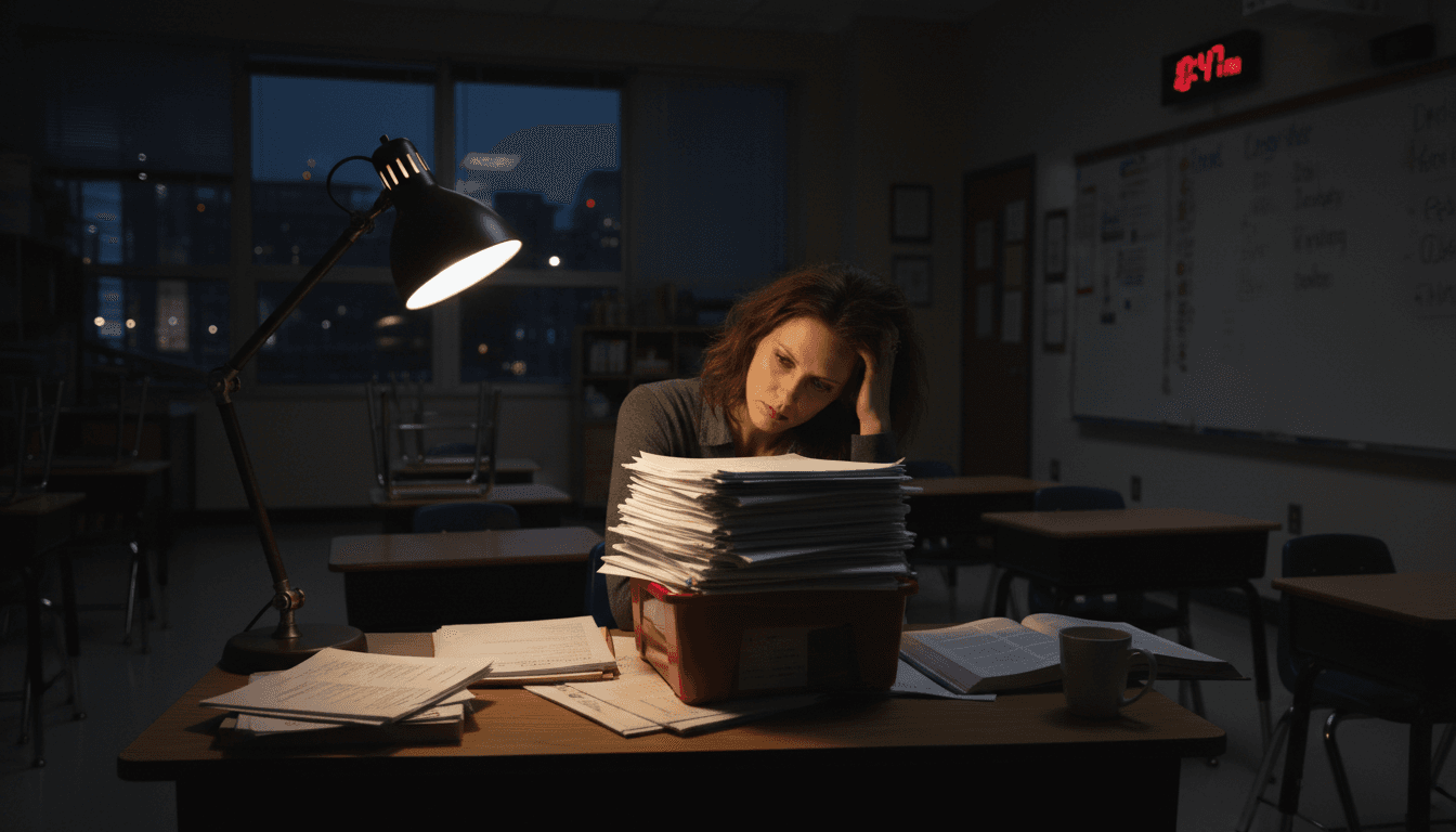 Exhausted teacher working late with papers at desk