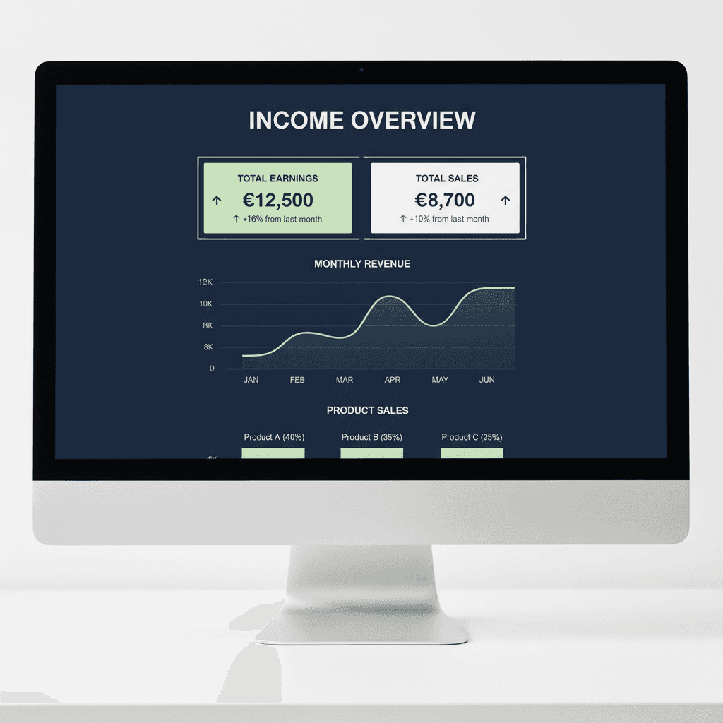 Digital income dashboard displaying earnings and sales data