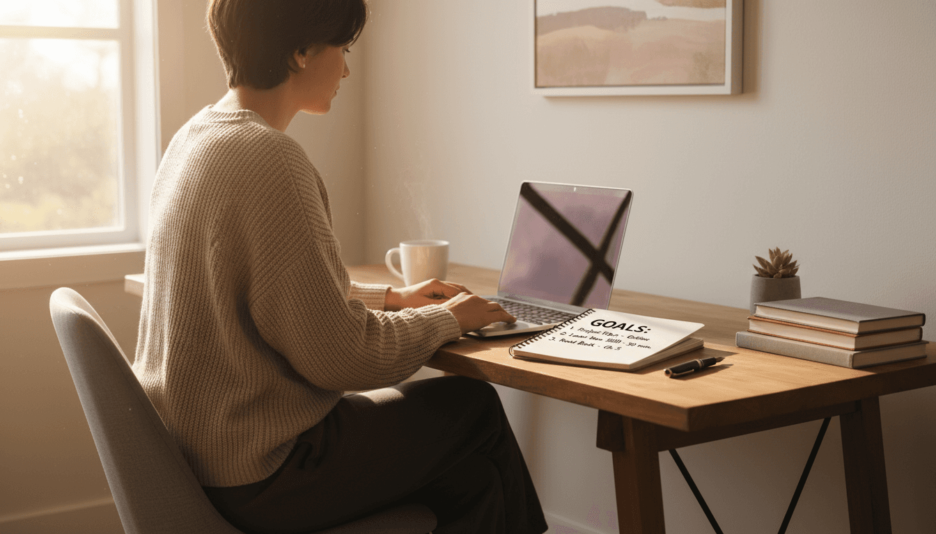 Teacher working from home with laptop and coffee in a bright, peaceful home office