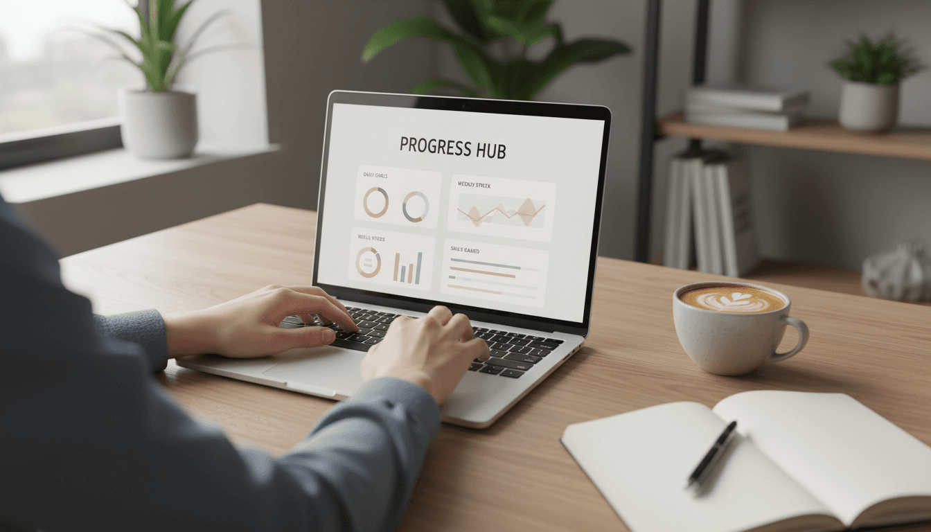 Teacher working on laptop at home with natural light and peaceful workspace